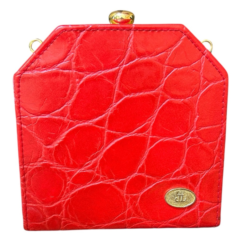 Vtg Judith Lieber Red Crocodile Embossed Structured Goldtone Trim Clutch Bag